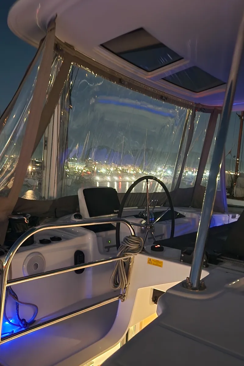 Cockpit of Perla, a Lagoon 46 catamaran at Athens, Greece