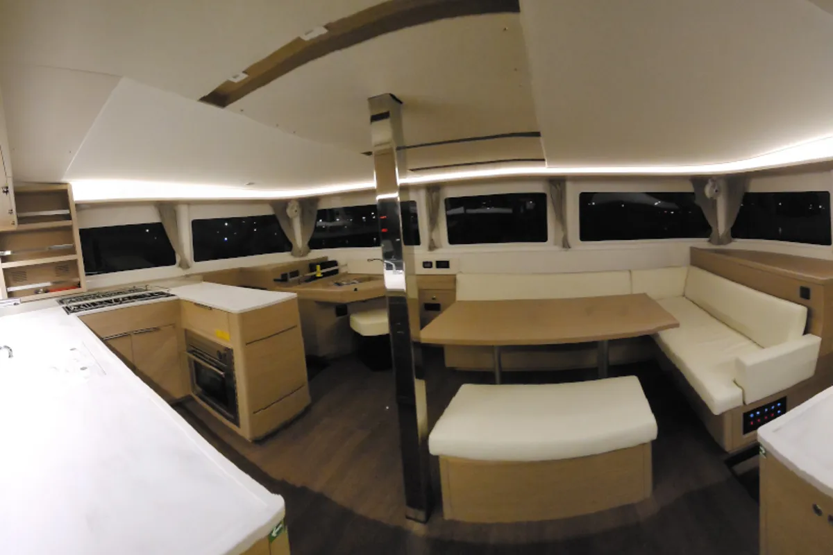 Salon of Perla, a Lagoon 46 catamaran at Athens, Greece