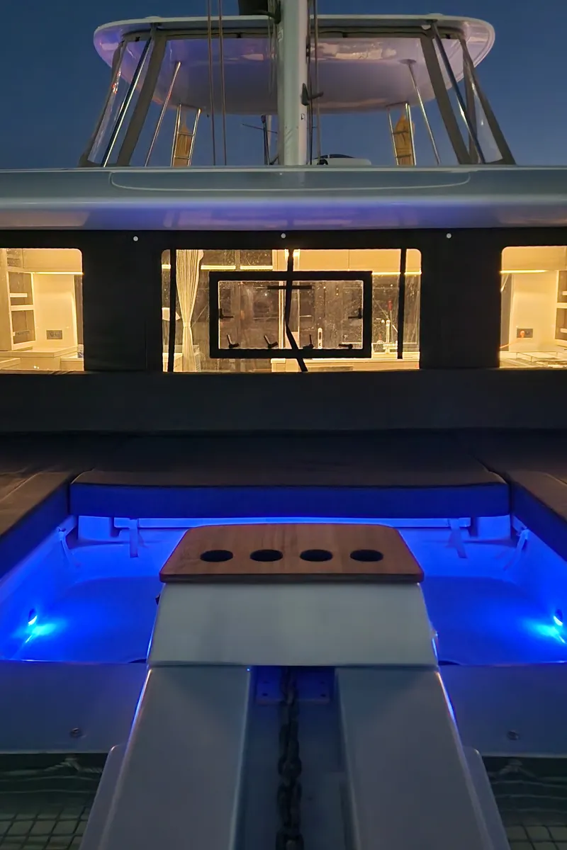 Exterior view of Perla, a Lagoon 46 catamaran at Athens, Greece