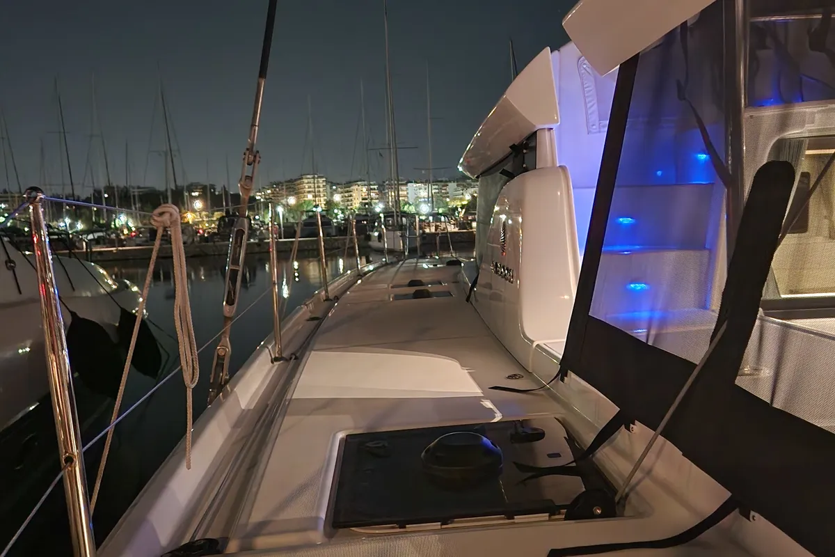 Deck of Perla, a Lagoon 46 catamaran at Athens, Greece