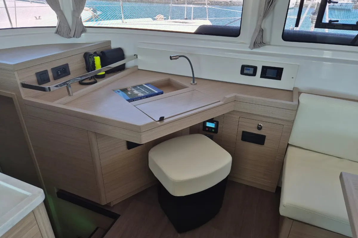 Salon of Perla, a Lagoon 46 catamaran at Athens, Greece