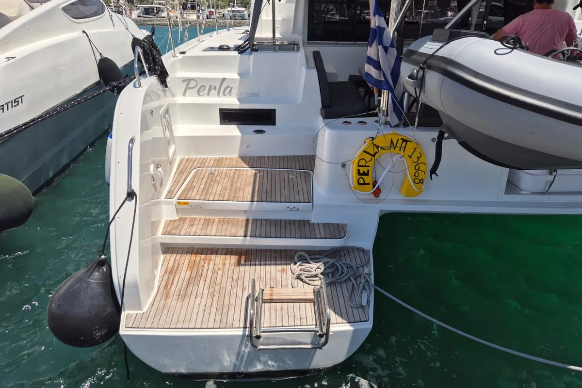 Exterior view of Perla, a Lagoon 46 catamaran at Athens, Greece