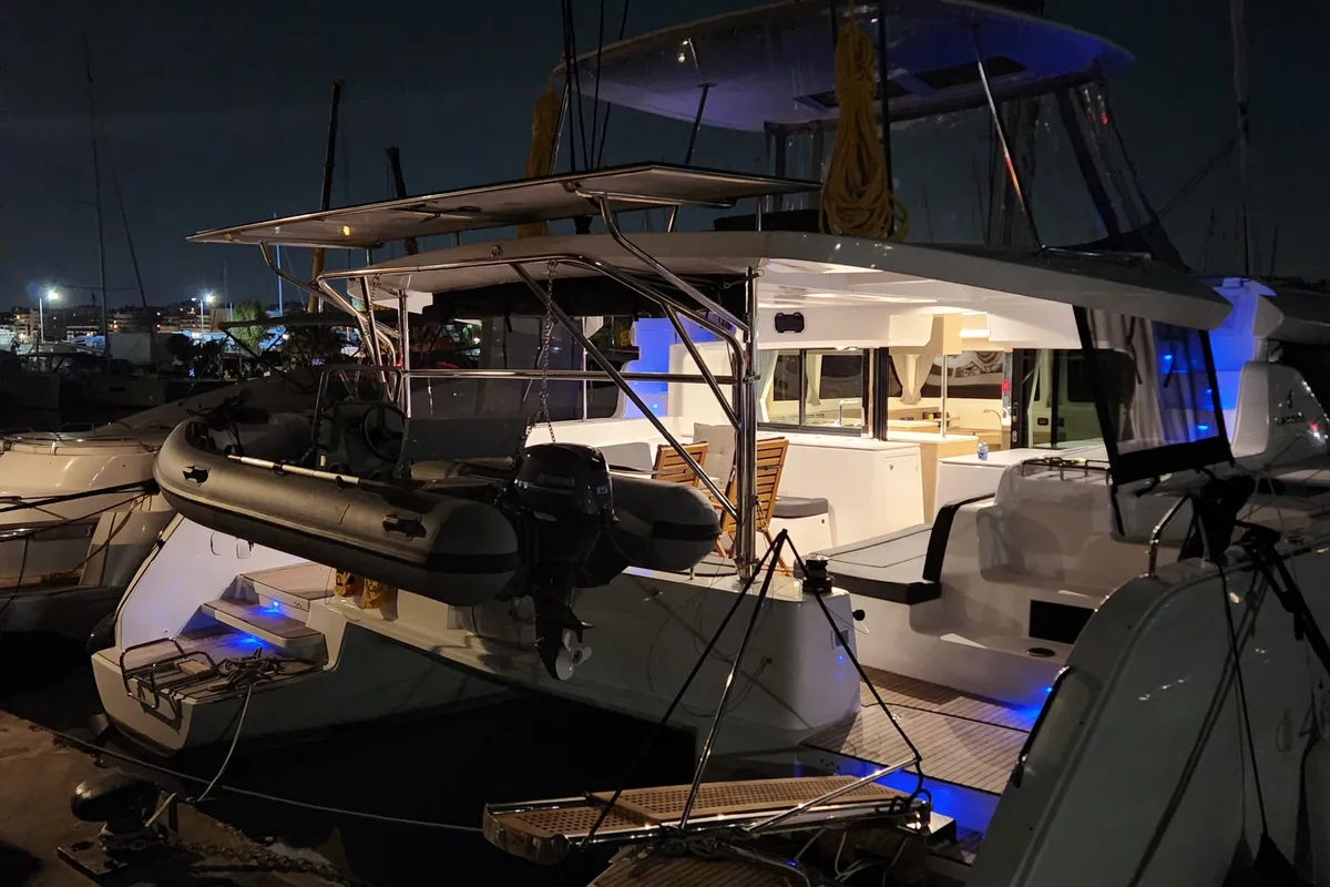 Exterior view of Perla, a Lagoon 46 catamaran at Athens, Greece