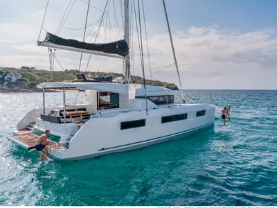 Exterior view of Oneida II, a Lagoon 50 catamaran at Preveza, Greece