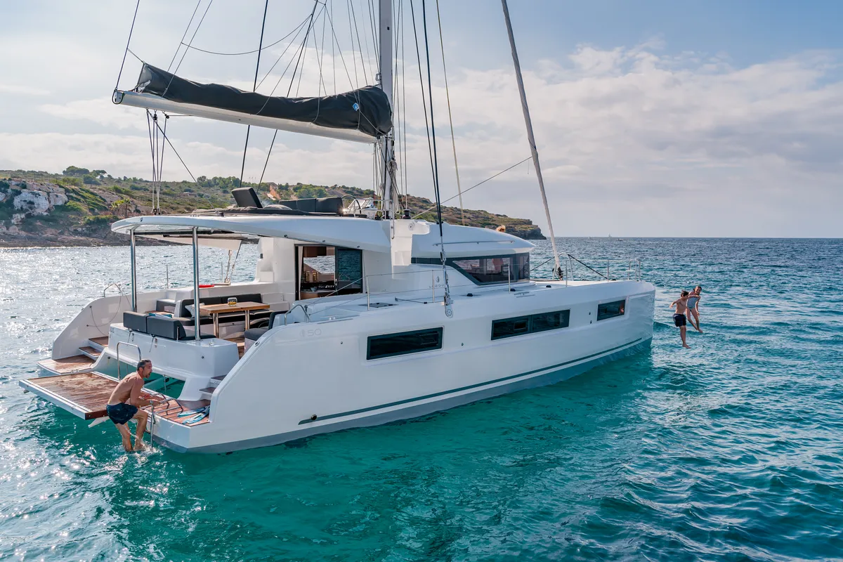 Exterior view of Oneida II, a Lagoon 50 catamaran at Preveza, Greece