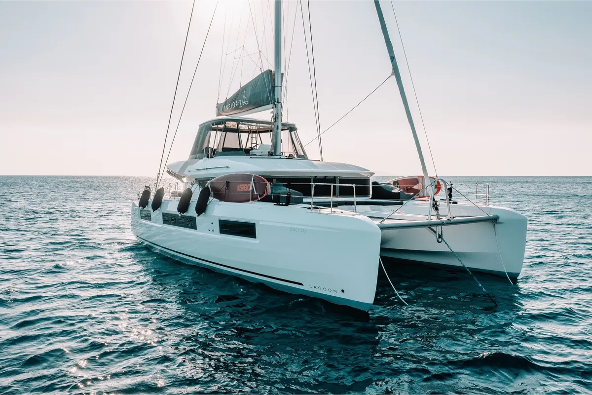 Exterior view of Oneida II, a Lagoon 50 catamaran at Preveza, Greece