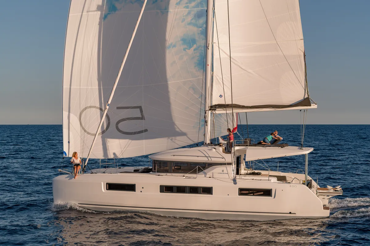 Exterior view of Oneida II, a Lagoon 50 catamaran at Preveza, Greece