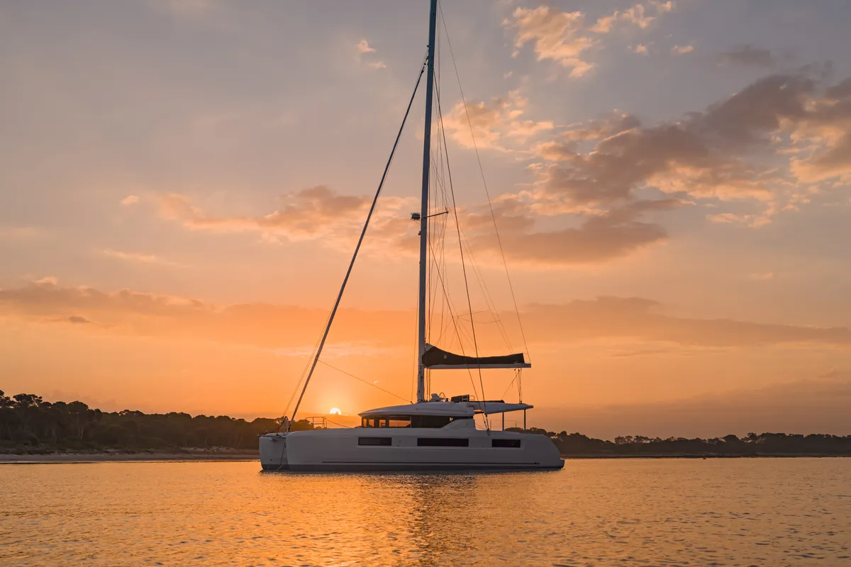 Exterior view of Oneida II, a Lagoon 50 catamaran at Preveza, Greece
