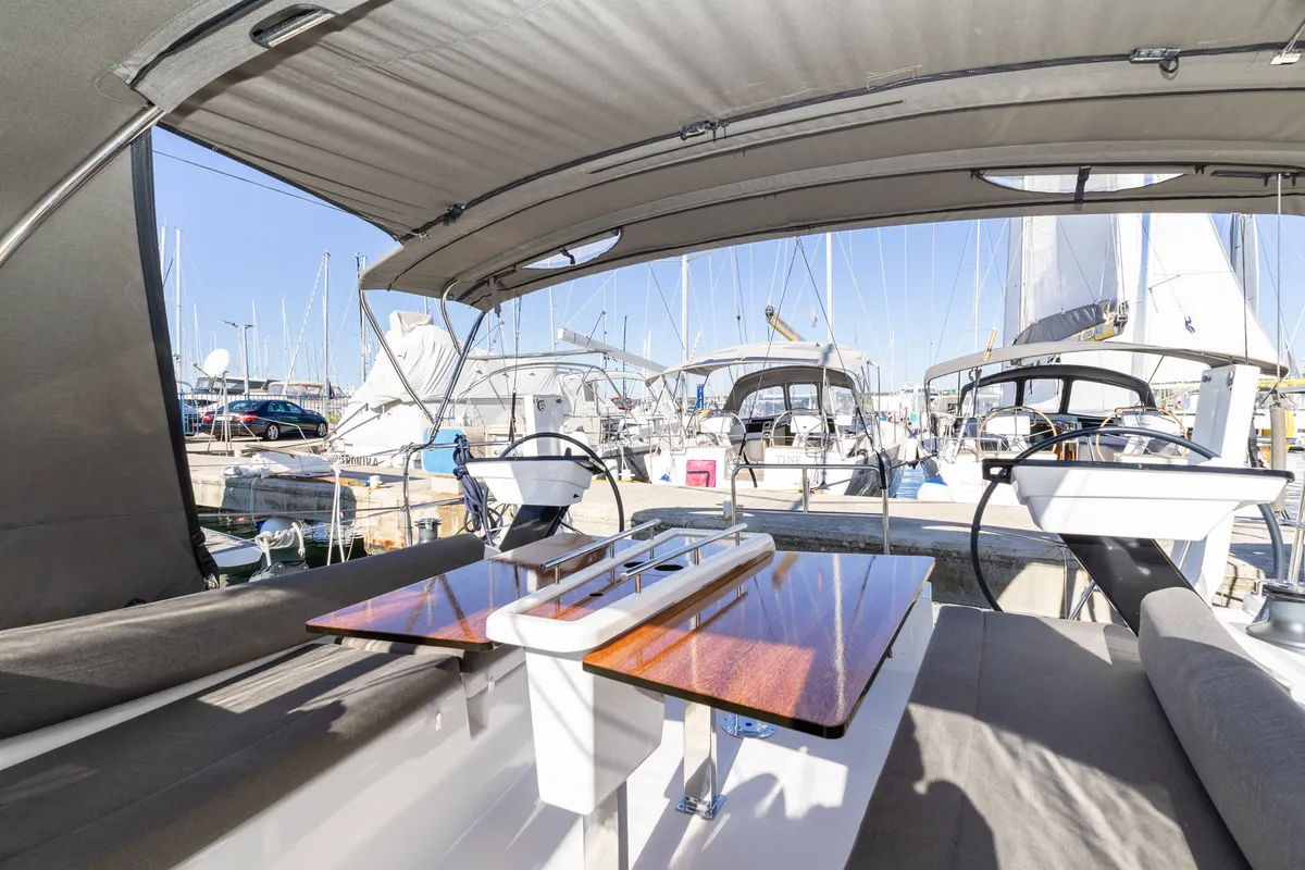 Cockpit of Nessie, a Dufour 37 sailboat at Grad Biograd na Moru, Croatia