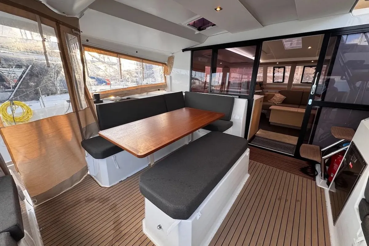 Deck of Kahuna, a Fountaine Pajot Astrea 42 Maestro catamaran at Toulon, France