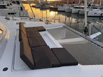 Deck of Kahuna, a Fountaine Pajot Astrea 42 Maestro catamaran at Toulon, France