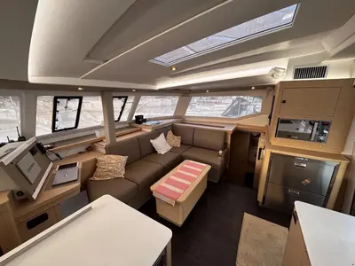 Salon of Kahuna, a Fountaine Pajot Astrea 42 Maestro catamaran at Toulon, France