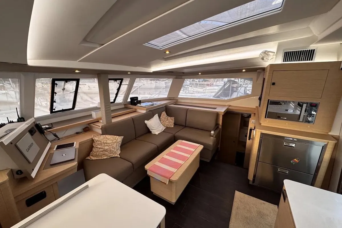 Salon of Kahuna, a Fountaine Pajot Astrea 42 Maestro catamaran at Toulon, France
