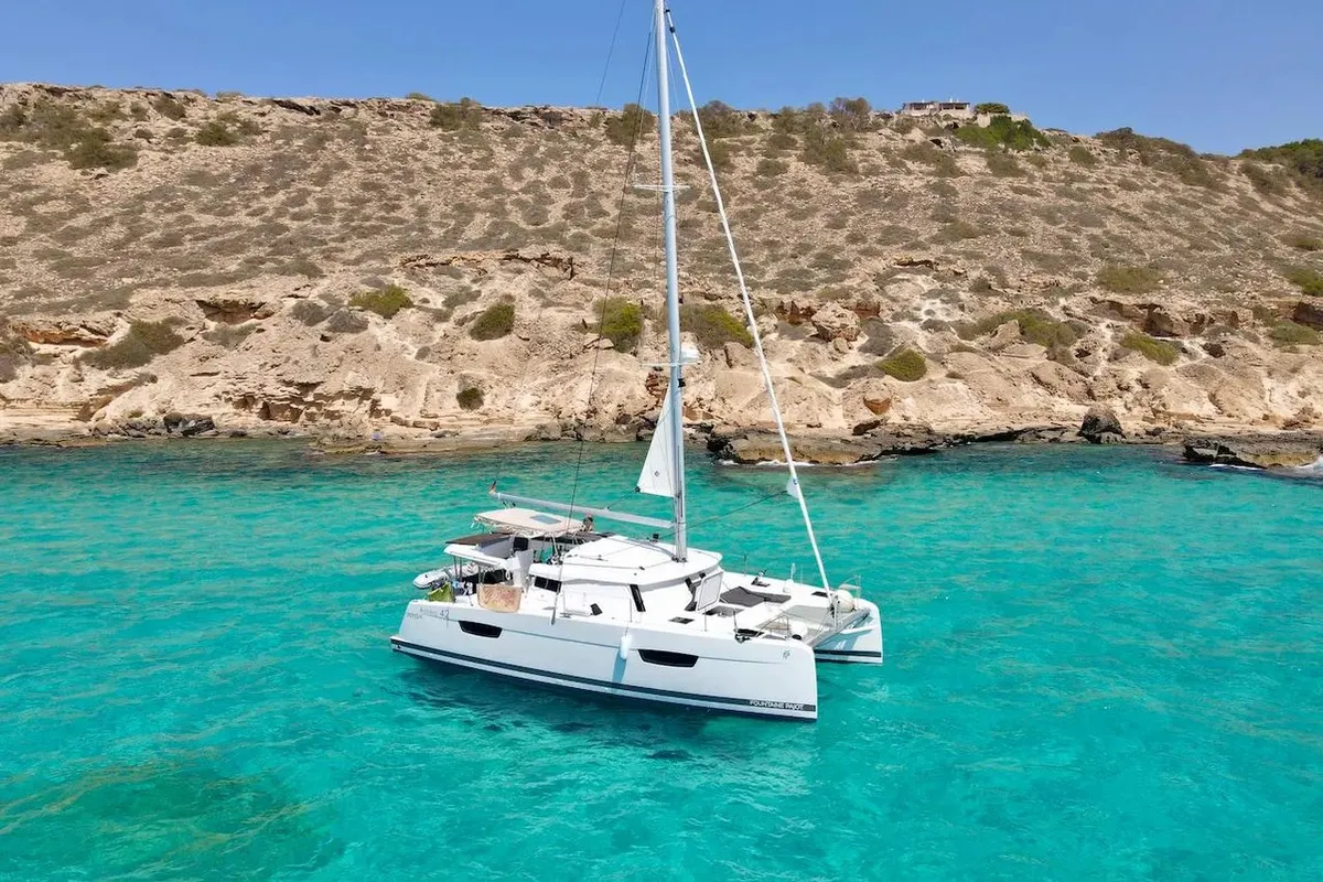 Exterior view of Kahuna, a Fountaine Pajot Astrea 42 Maestro catamaran at Toulon, France