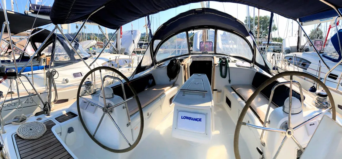 Cockpit of Whisper, a Beneteau Oceanis 43 sailboat at Athens, Greece