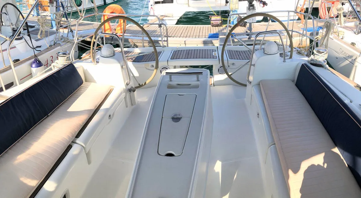 Cockpit of Whisper, a Beneteau Oceanis 43 sailboat at Athens, Greece