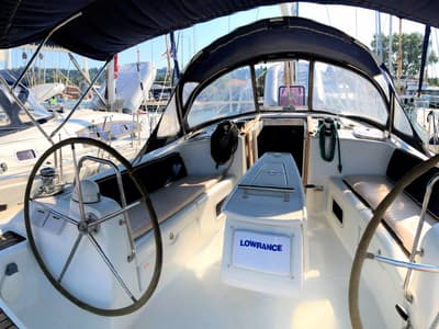 Cockpit of Whisper, a Beneteau Oceanis 43 sailboat at Athens, Greece