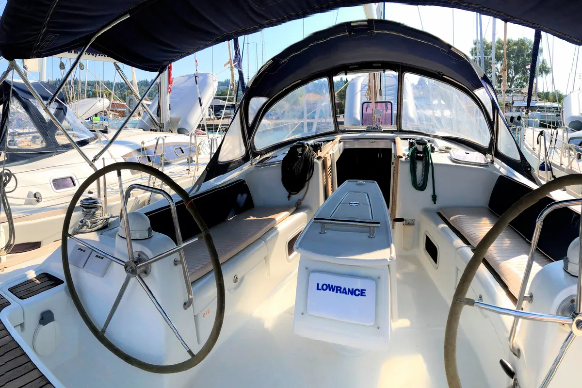 Cockpit of Whisper, a Beneteau Oceanis 43 sailboat at Athens, Greece