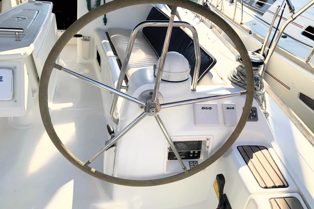 Cockpit of Whisper, a Beneteau Oceanis 43 sailboat at Athens, Greece