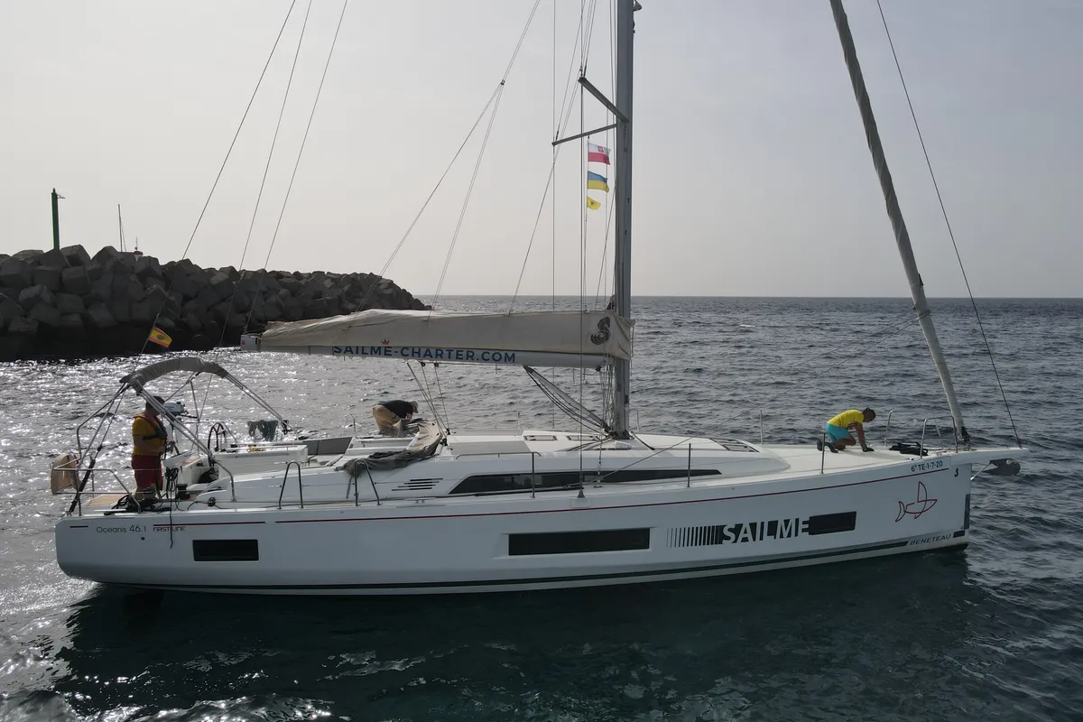 Exterior view of Yess Boss, a Beneteau Oceanis 46.1 sailboat at Ibiza, Spain