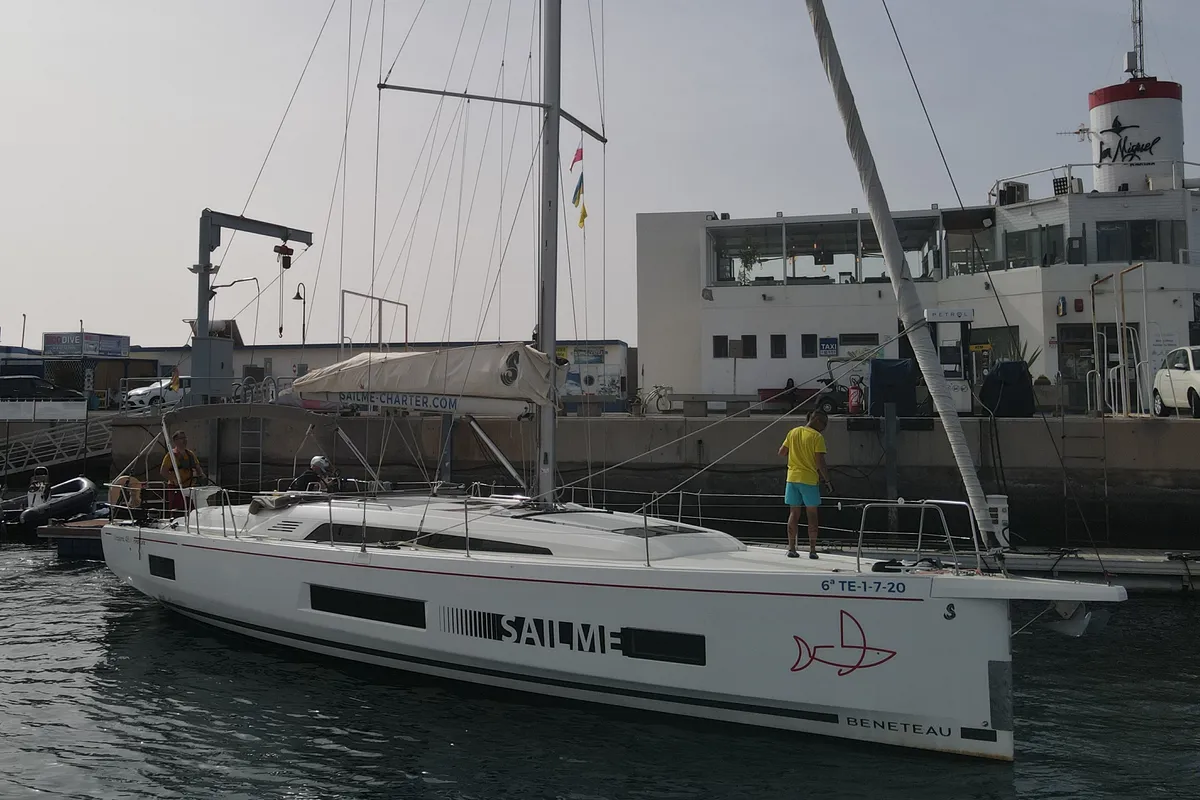 Exterior view of Yess Boss, a Beneteau Oceanis 46.1 sailboat at Ibiza, Spain
