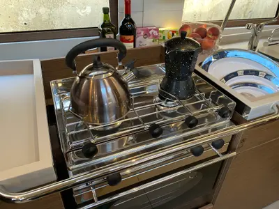 Galley of Yess Boss, a Beneteau Oceanis 46.1 sailboat at Ibiza, Spain