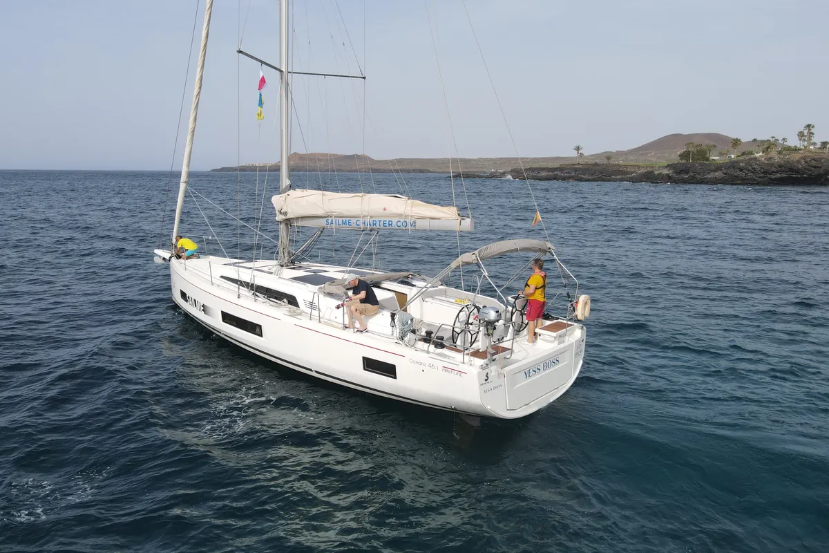 Exterior view of Yess Boss, a Beneteau Oceanis 46.1 sailboat at Ibiza, Spain