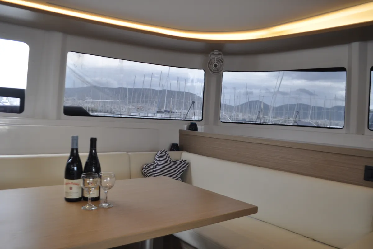 Salon of Queen Maro, a Lagoon 46 catamaran at Athens, Greece