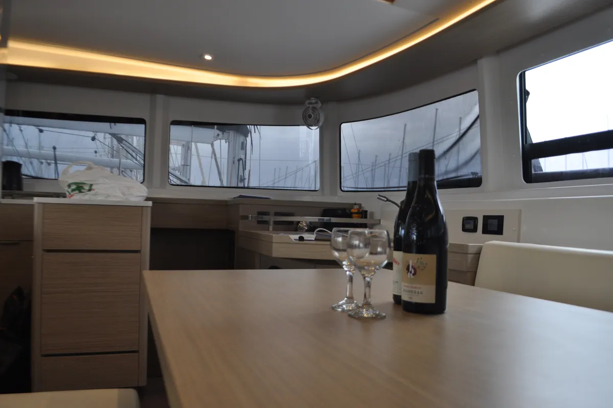 Salon of Queen Maro, a Lagoon 46 catamaran at Athens, Greece