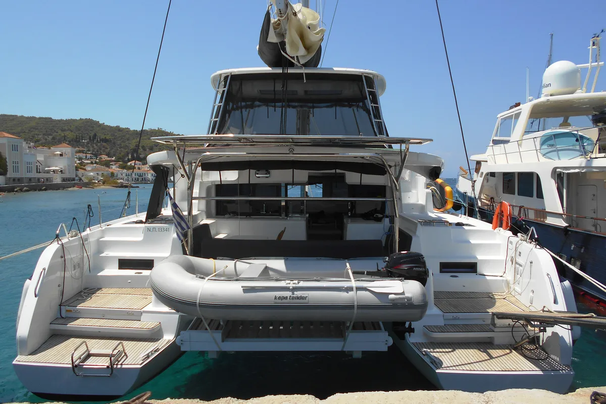 Exterior view of Queen Maro, a Lagoon 46 catamaran at Athens, Greece
