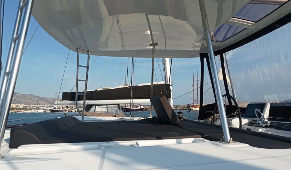 Deck of Queen Maro, a Lagoon 46 catamaran at Athens, Greece