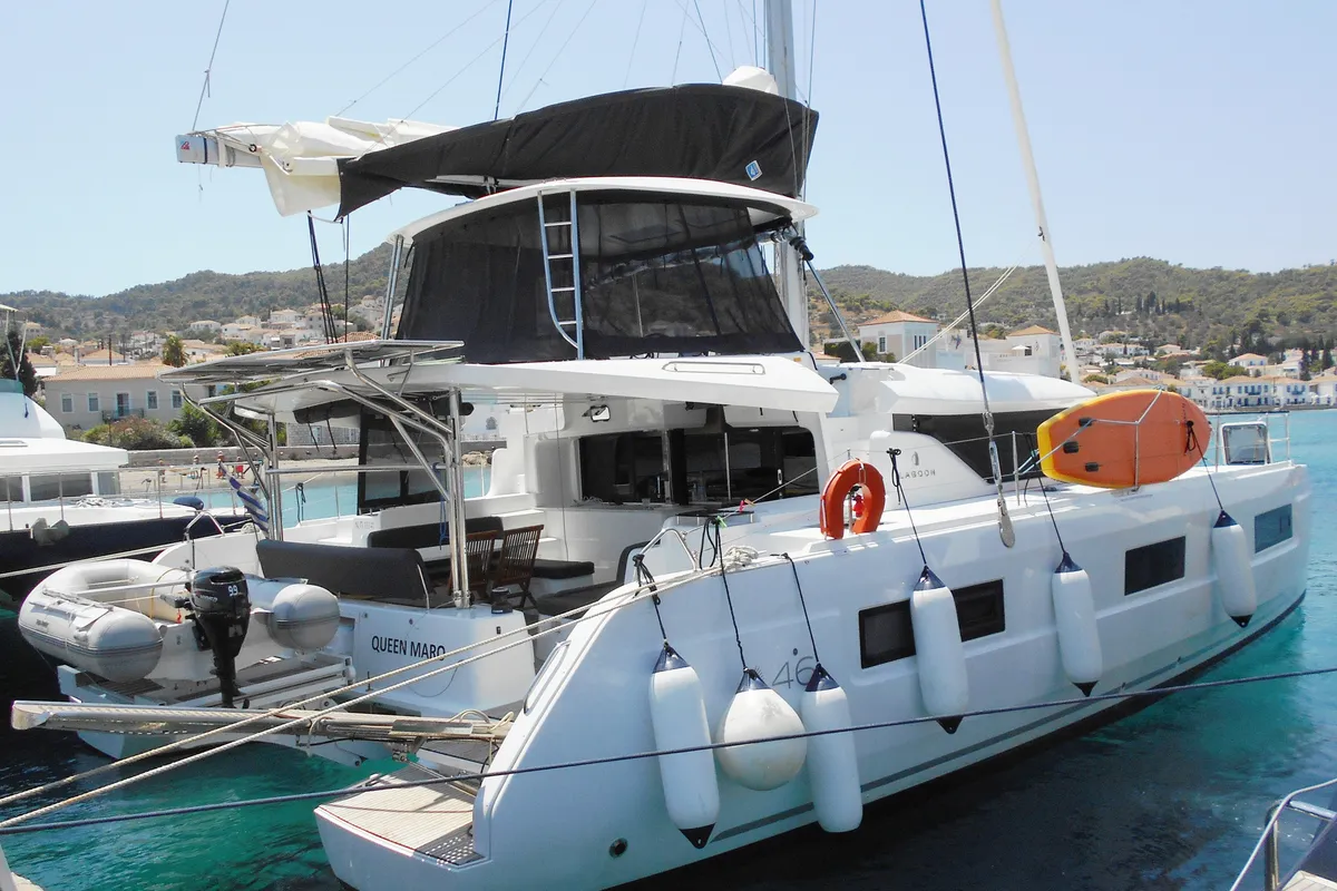 Exterior view of Queen Maro, a Lagoon 46 catamaran at Athens, Greece