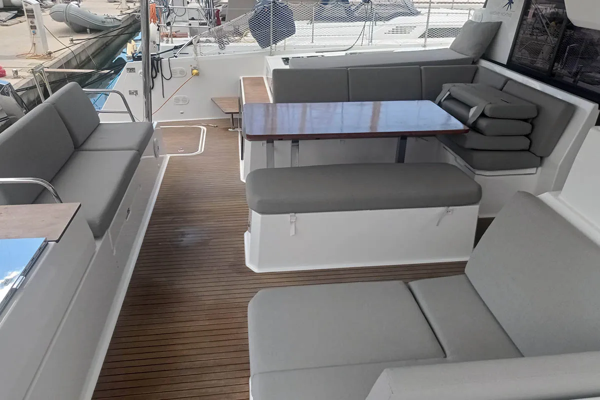 Deck of Coco, a Fountaine Pajot Elba 45 catamaran at Seget Donji, Croatia