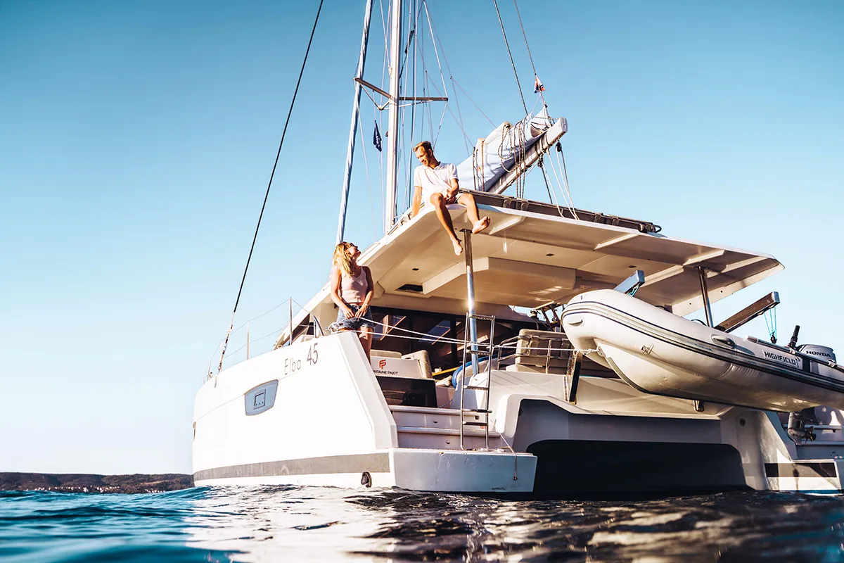 Exterior view of Coco, a Fountaine Pajot Elba 45 catamaran at Seget Donji, Croatia