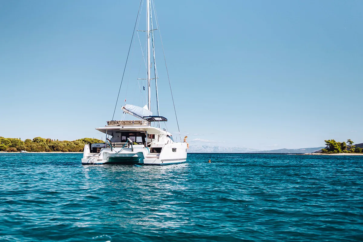 Exterior view of Coco, a Fountaine Pajot Elba 45 catamaran at Seget Donji, Croatia