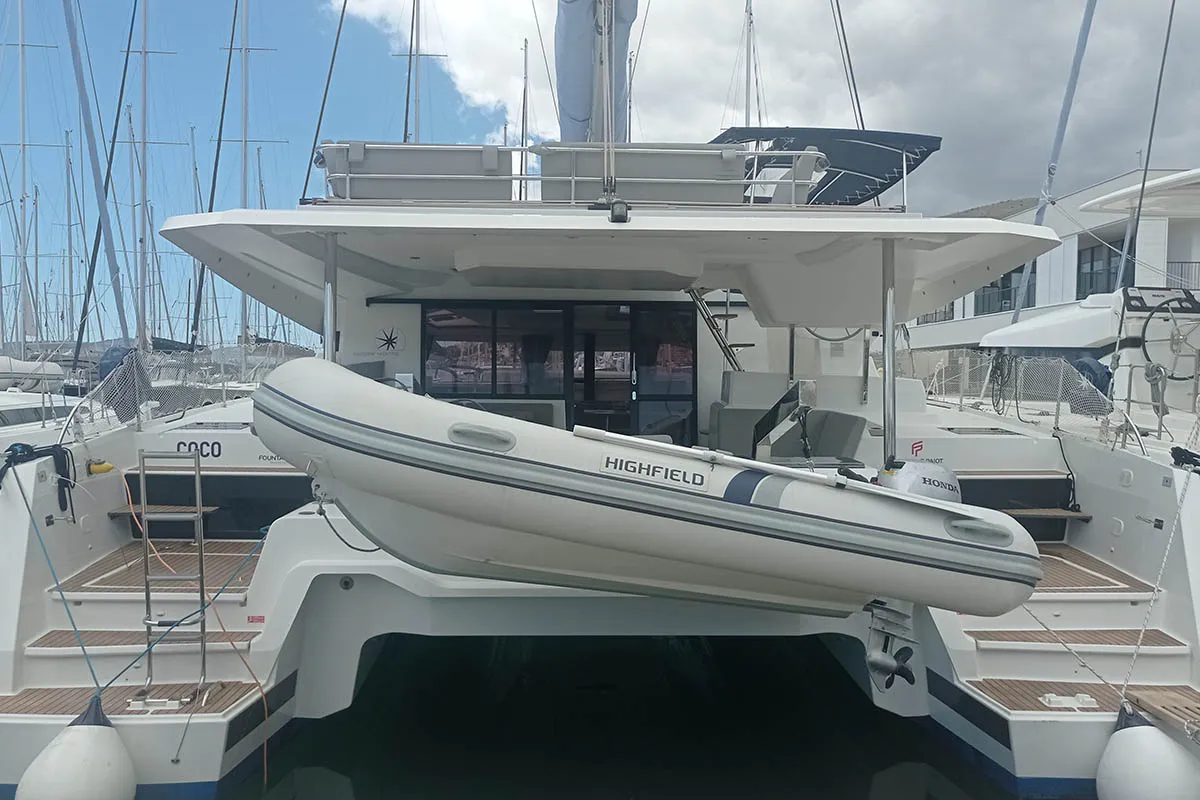 Exterior view of Coco, a Fountaine Pajot Elba 45 catamaran at Seget Donji, Croatia