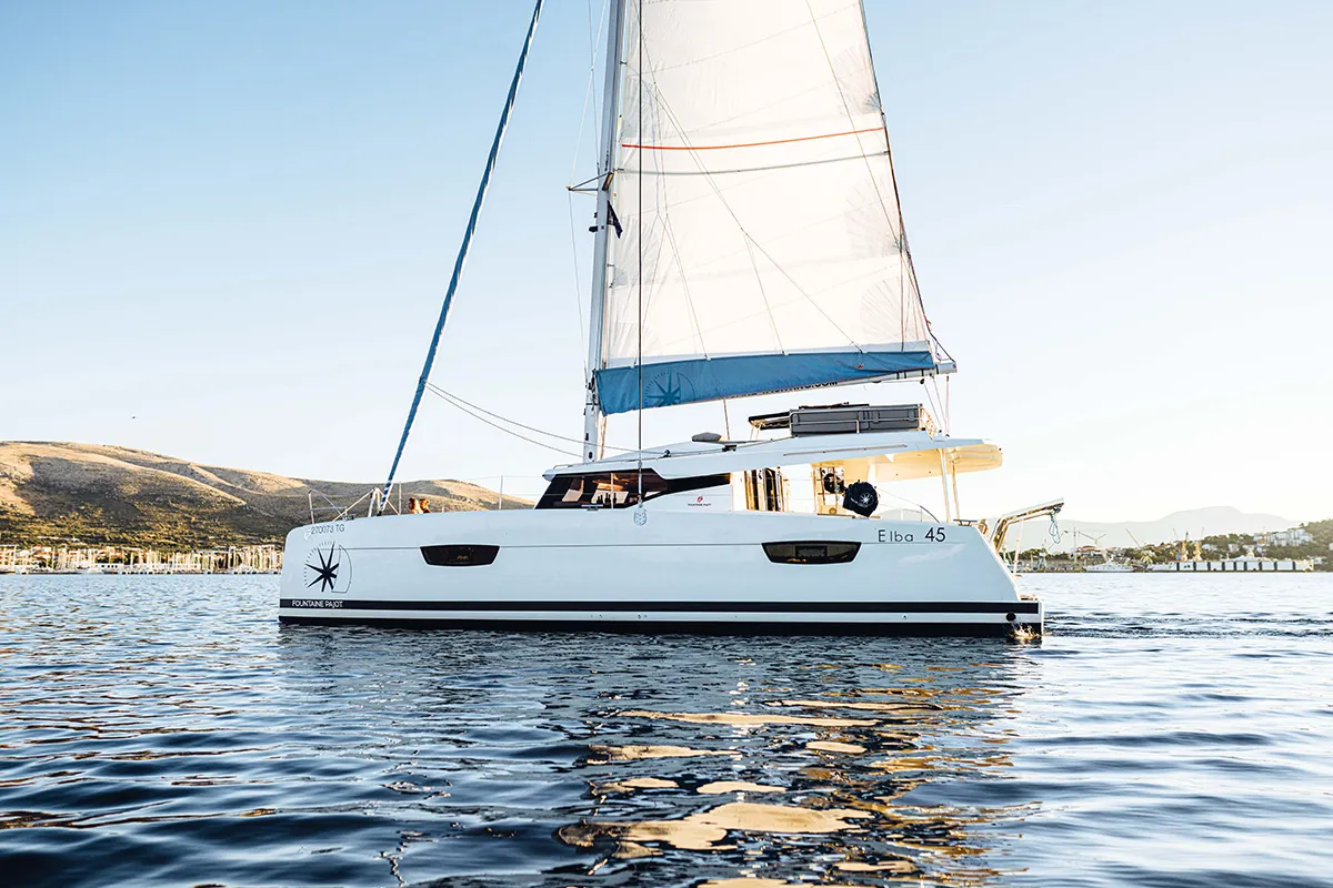 Exterior view of Coco, a Fountaine Pajot Elba 45 catamaran at Seget Donji, Croatia