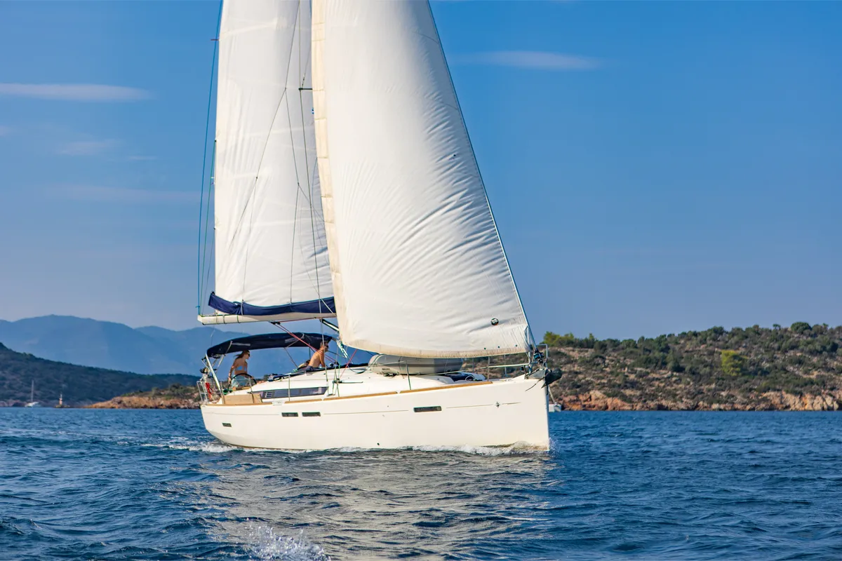 Exterior view of Sylvia, a Jeanneau Sun Odyssey 449 sailboat at Pylaros, Greece