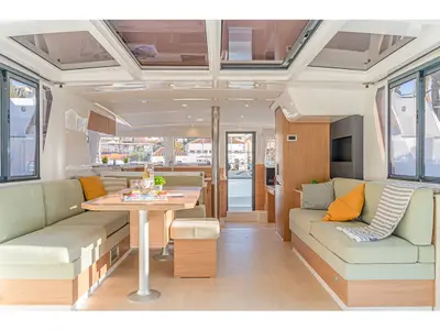Salon of First Spark, a Bali 4.2 catamaran at Skradin, Croatia