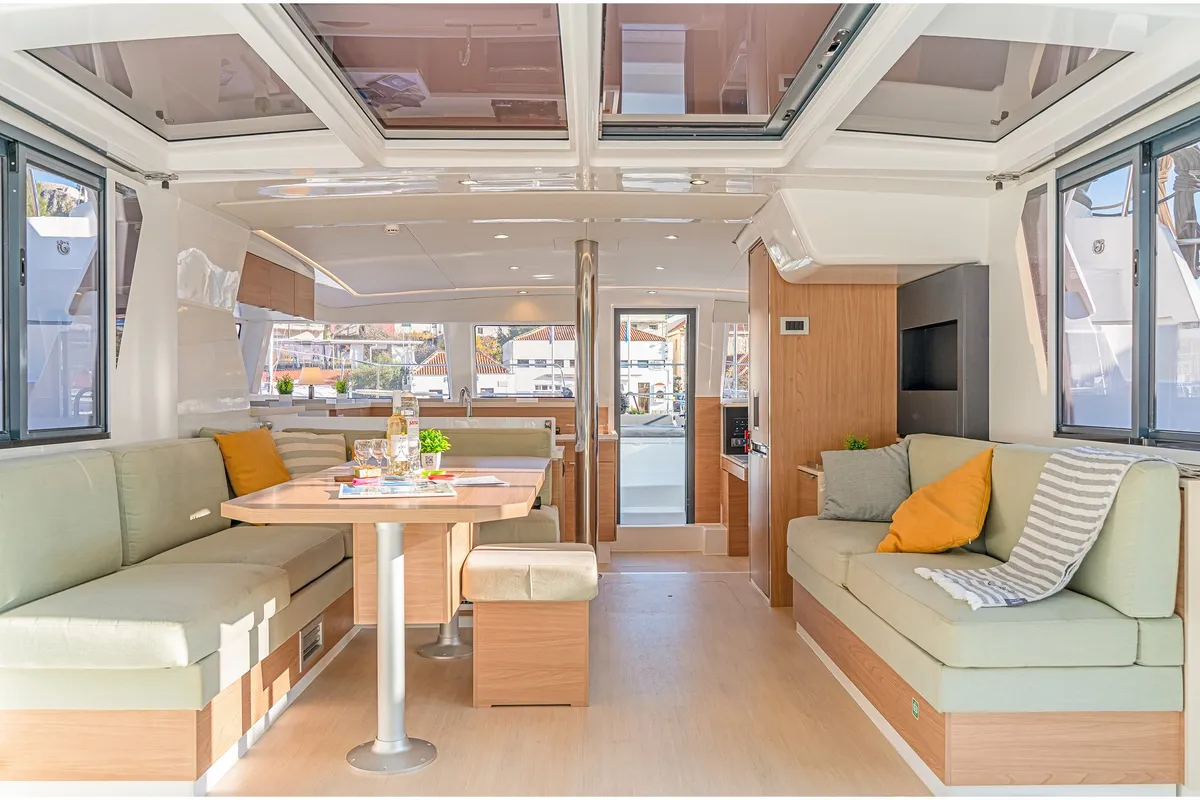 Salon of First Spark, a Bali 4.2 catamaran at Skradin, Croatia