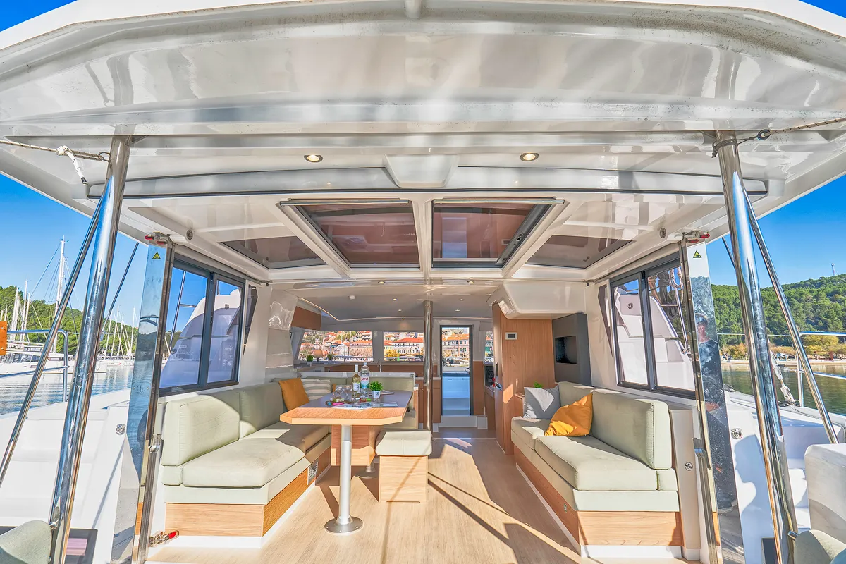 Deck of First Spark, a Bali 4.2 catamaran at Skradin, Croatia