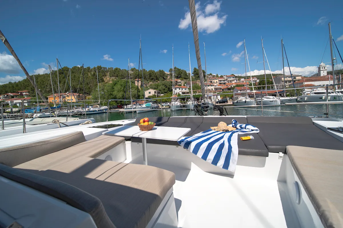 Deck of First Spark, a Bali 4.2 catamaran at Skradin, Croatia