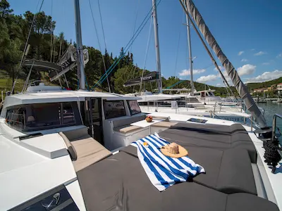 Deck of First Spark, a Bali 4.2 catamaran at Skradin, Croatia