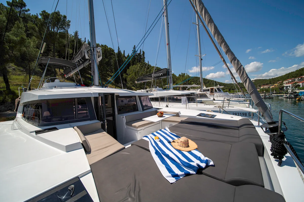 Deck of First Spark, a Bali 4.2 catamaran at Skradin, Croatia