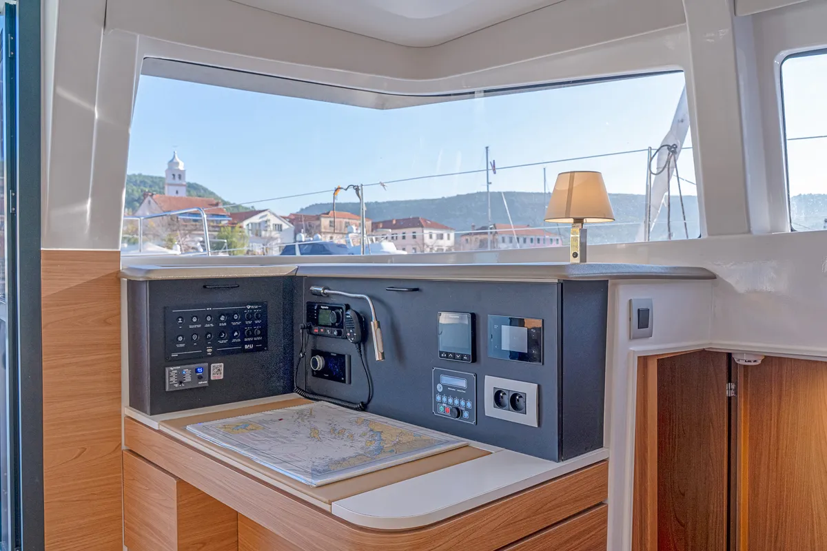 Cockpit of First Spark, a Bali 4.2 catamaran at Skradin, Croatia