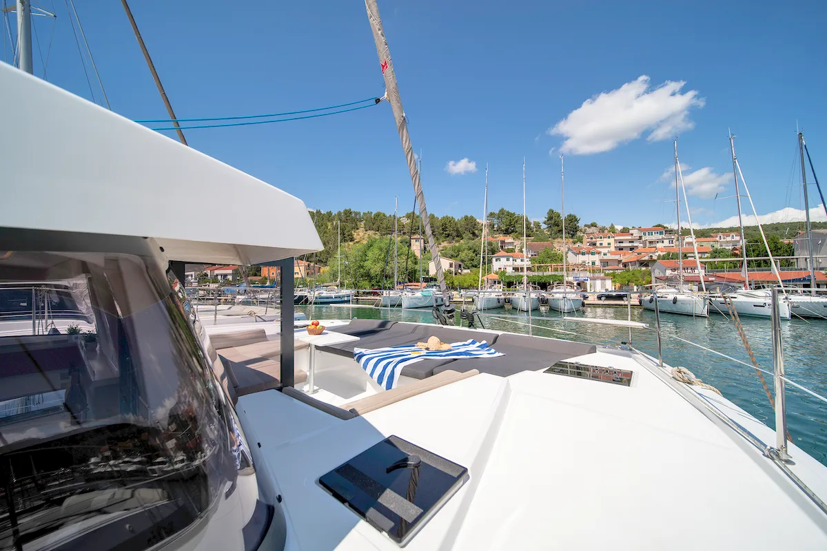 Deck of First Spark, a Bali 4.2 catamaran at Skradin, Croatia
