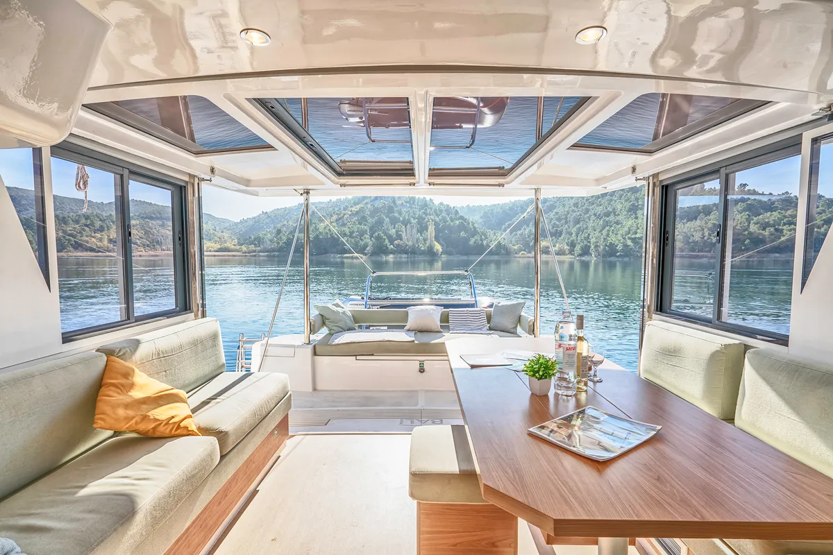 Deck of First Spark, a Bali 4.2 catamaran at Skradin, Croatia