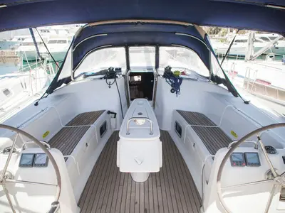 Cockpit of Penny, a Beneteau Cyclades 50.5 sailboat at Athens, Greece