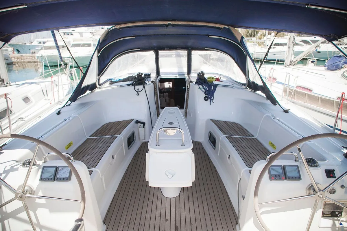 Cockpit of Penny, a Beneteau Cyclades 50.5 sailboat at Athens, Greece