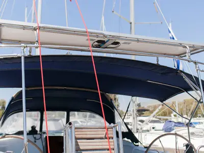 Deck of Penny, a Beneteau Cyclades 50.5 sailboat at Athens, Greece
